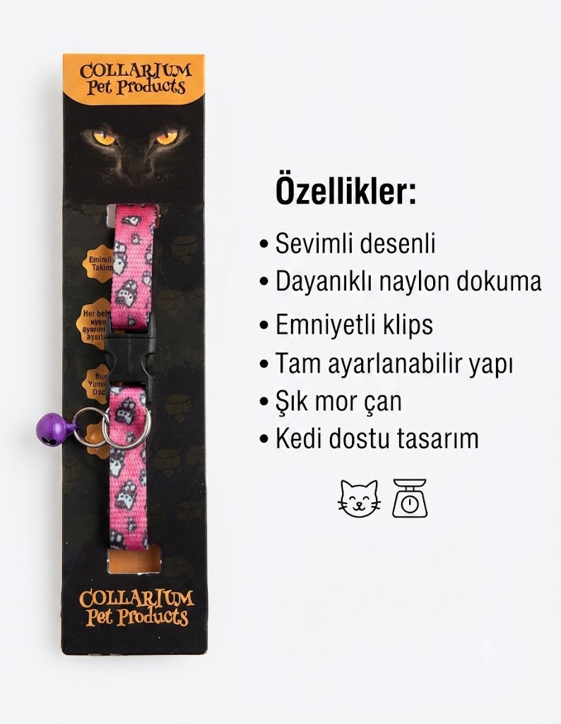 Collarium Pet Products Desenli Emniyet Tokalı Çıncıraklı Pembe Kedi Tasması